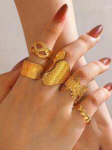 5 对套装 18k 镀金不锈钢夸张粗线开口戒指，适合女性日常佩戴的时尚珠宝 - 彩色 - 查看 2