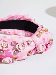 1 件扎染加厚面料扭纹皇冠头带，韩式，手工制作，串珠花卉装饰，优雅大方，适合派对、节日、约会、优质发饰、发带、发箍 - 粉紅色 - 查看 3