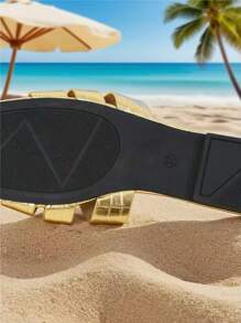[AFBC-Gem] Women's Flat Sandals,Women's Gold Textured Sandals - Metallic H-Strap Slides, Luxe Summer Sandals With Non-Slip Sole, Fashionable Dressy Outdoor Slippers, Flat Beach Sandals For Vacation.