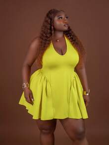 Tildaharris Plus Size Women Tied Back Halter Backless Dress, For Hourglass Body Shape, For Summer - Mustard Yellow - View 4