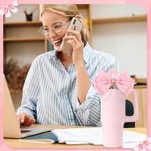 QY Coquette Bow Straw Topper With Covers Pink Stanley Cup Decor Accessories Straw Cover Cap For 910mm Silicone Boot Compatible With Stanley Cup 30 40oz DIY Gifts Idea Decor 2216 - Pink - View 5