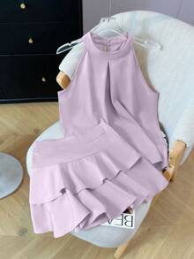 2 件套女式夏季露背无袖背心和荷叶边下摆裙子套装，优雅套装 - 紫色兩件套 - 查看 3