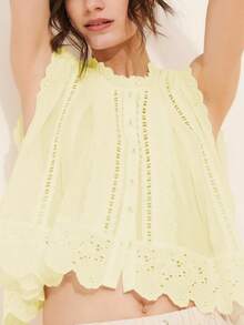 Women Boho Floral Eyelet Button Down Tank Tops Vintage Embroidery Solid Color Ruffle Sleeveless Scalloped Hem Loose Fit Vest Crop Tops Summer Casual Cropped Shirts Going Out Tops Beach Vacation Streetwear - 黃色 - 查看 5