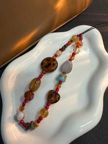 Retro Leopard Print Beaded Phone Lanyard, Elegant Short Wrist Strap Charm, Camera Hanging Accessory For Women. Note: Bead Colors May Vary Slightly Due To Batch Differences. - 棕色 - 查看 6