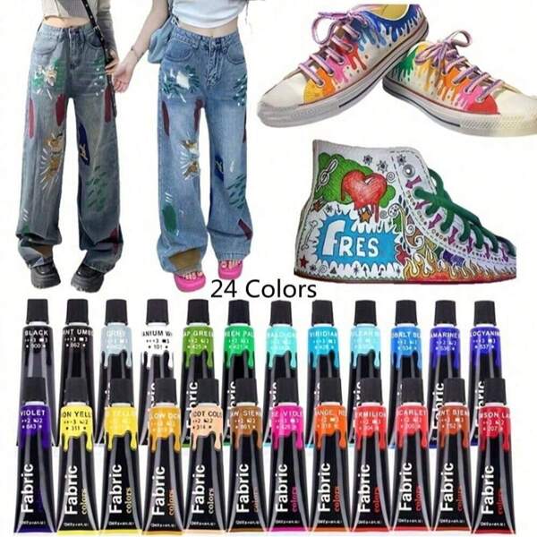 12 Colors Acrylic Fabric Paint Set , 24 Colors Acrylic Fabric Paint Set With 6 Brushes & 2 Canvas & Palette, 0.41oz Each, Slick Painting Kit For Clothing, Shoes, Beginner & Artists, Permanent Textile Paint,14/26 Colors Fabric Paint Set,30ml/1.01oz Each Tube