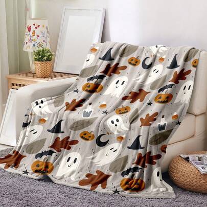 舒适法兰绒万圣节盖毯 - 可爱有趣的幽灵设计，柔软涤纶，适合沙发、卧室装饰 | 送给朋友和同学的完美礼物