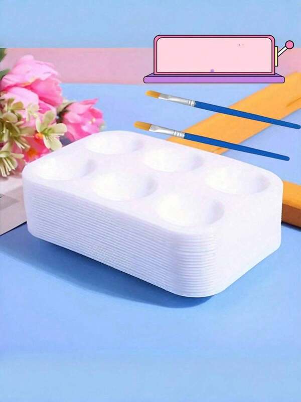 10pcs 6-Hole Palette With 2 Blue Paintbrushes, Acrylic & Watercolor Painting Art Supplies, Compact & Portable, Easy To Clean, Back To School Stationery