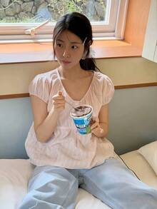 女式甜美蕾丝边 V 领宽松套头短袖衬衫，夏季百搭 - 粉色 - 查看 7