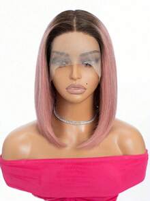 QVR QUEEN VIRGIN REMY Tóc giả bobo ren phía trước kiểu T-part 100% tóc thật, có tóc con, tóc Remy nguyên chất, tóc giả ren rẽ ngôi giữa, đường chân tóc tự nhiên, màu hồng ombre, tóc giả không cần keo dán dành cho nữ. - S4/PINK - Xem 2