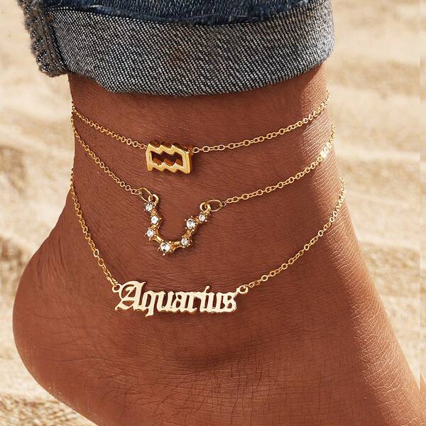 3pcs/Set Versatile Zirconia Star & Letter Decor Anklet, Constellation Lucky Charm Design, Suitable For Men And Women, Daily Wear, Great For Holidays, Graduation, Birthday Gifts