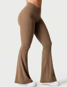 VOYJOY Women Flare Leggings No Front Seam Flare Yoga Pants With Tummy Control Crossover High Waist And Wide Leg Butt Lift Line Kalie Flare Scrunch Leggings For Women V Cross Waist Bell Bottom Yoga Pants Tummy Control Bootcut Workout Leggings Y2k Summer Clothes For Women - màu nâu - Xem 2
