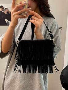 1 pieza Bolso bandolera de uso casual y versátil de moda con cremallera suave de PU negro, decoración con borlas, adecuado para uso diario de mujeres - Negro - Ver 6