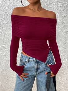 Women's Long Sleeve Shirts Off Shoulder Tops Going Out Slim Fitted Y2K Blouses Fall Fashion Clothes - Màu Đỏ Sâu - Xem 4