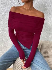 Women's Long Sleeve Shirts Off Shoulder Tops Going Out Slim Fitted Y2K Blouses Fall Fashion Clothes - Màu Đỏ Sâu - Xem 1