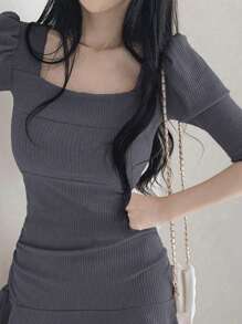 夏季甜美优雅方领露肩泡泡袖修身迷你连衣裙 - 深灰色 - 查看 2