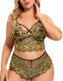 Elegant Lacy Three-Piece Underwear Bra And Panty Set - Màu vàng - Xem 4