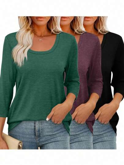 3 Stücke quadratische Ausschnitt 3/4 Ärmel, quadratischer Ausschnitt lässige lose Oberteile für Frühling und Herbst, Damen