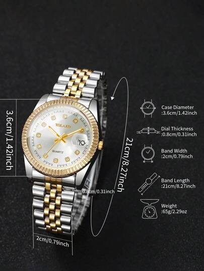 1pc Steel Strap Rhinestone Scale Dial Calendar Quartz Business Wrist Watch, No Horloge Box Included view 3