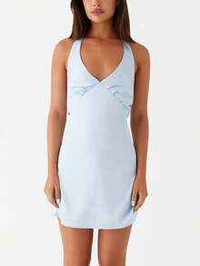 Women's Halter Neck Mini Tank Dress Sleeveless Deep V Neck Tie Back Solid Color/Floral Bodycon Short Dress Summer Backless Going Out Dresses College Graduation Party Club Y2k Dress - 淺藍色 - 查看 5