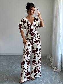 女士褶皱不对称黑白印花连体裤，腰部系带高腰阔腿宽松休闲工作连体裤夏季度假 - 咖啡 - 查看 4