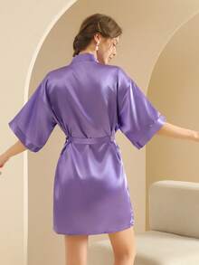 Women's Silk Nightgown Wedding Dressing Robe Lightweight Cardigan Robe Bridal Morning Robe Friend's Robe, Suitable For Home And Hotel Wear. - Light Purple - View 3