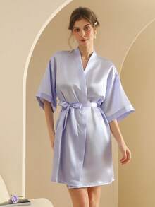 Women's Silk Nightgown Wedding Dressing Robe Lightweight Cardigan Robe Bridal Morning Robe Friend's Robe, Suitable For Home And Hotel Wear. - Violet Purple - View 2