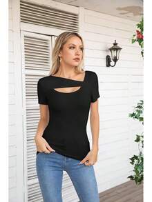 Womens Fashion Fall Cutout Long Sleeve Ribbed Slim Fitted Tops Shirts Tee Tshirts - Short-black - View 3