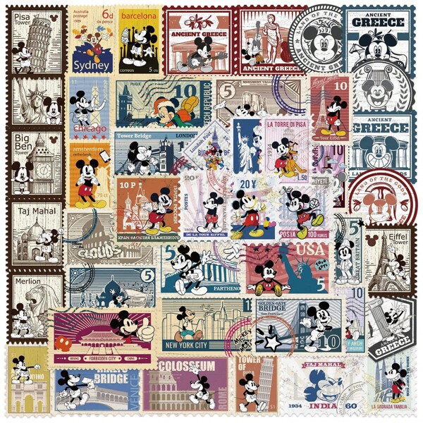 Disney 50PCS Disney Vintage Mickey Stamps Stickers Cartoon Cute Graffiti Decals For Laptop Phone Water Cup Scrapbook Luggage Diary Sticker