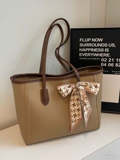 时尚纯色围巾装饰 PU 托特包，大容量通勤复古简约休闲单肩包，百搭手提包适合女性