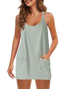 Womens Sleeveless Athletic Hot Shot Mini Dress With Built-In Shorts Sundress - 青色 - 查看 7