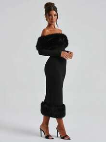 优雅蓬松露肩收腰连衣裙，适合婚礼、鸡尾酒会等场合，春季黑色 - 黑色 - 查看 7