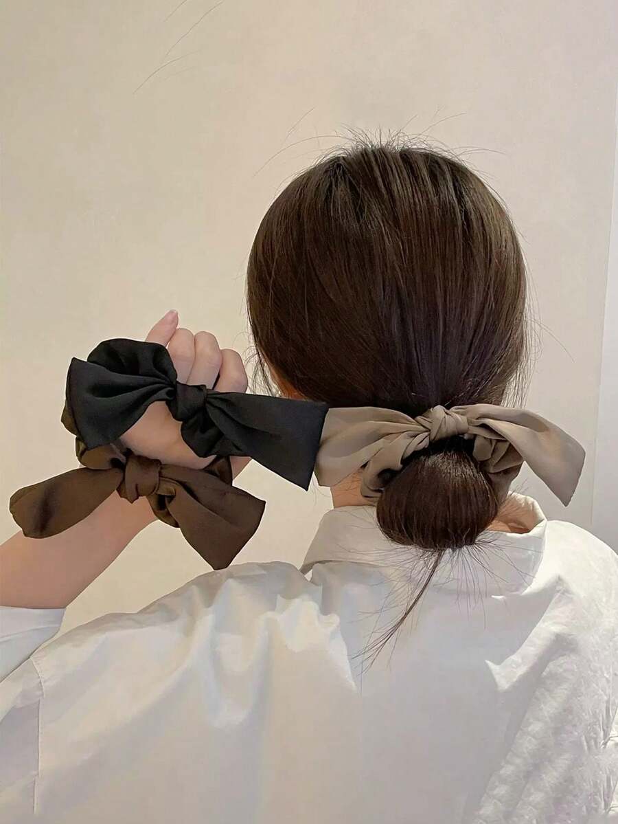 3个装女士缎面蝴蝶结发圈，优雅简约设计，四季皆宜，发绳，发圈，发圈，洗脸，发饰，马尾辫发饰，弹力发带 - 彩色 - 查看 1