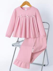 Conjunto de 2 piezas en color rosa, elegante y dulce, con blusa de manga larga con lazo + pantalones anchos cómodos con adorno floral, para primavera/otoño - Rosa - Ver 5