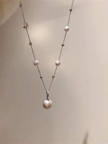 1 件法国轻奢珍珠吊坠锆石项链，尽显奢华感，时尚气质，轻奢百搭锁骨链，适合女性日常佩戴 - 珍珠項鍊 - 查看 6