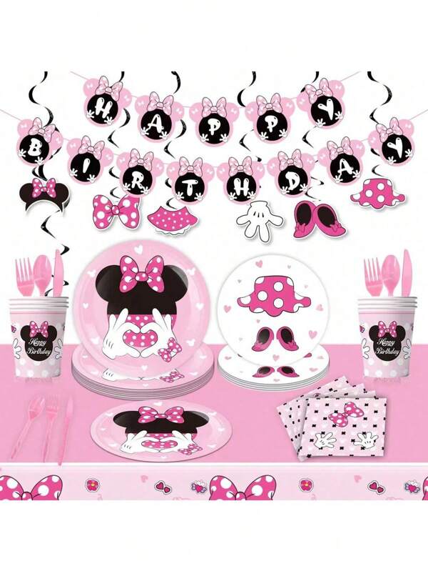 Disney 100pcs Cartoon Style Party Supplies Set - Balloons, Cake Toppers, Cupcake Decorations, Suitable For Birthday, Graduation Etc. - Blue & Pink Party Balloons, Mickey & Minnie Theme Party Decorations, Birthday Party Decor, Balloon Arch, Party Decorations