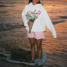 [Cotton Blend] Cute Pink Flower Hoodie For Wo Preppy Sweatshirts  Puff Print Letter Graphic Hoodies Casual Pullover Tops- Unisex Women's & Men's Daily Wear - 白色 - 查看 4