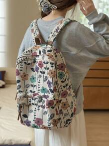 Floral Pattern Nylon Backpack, Fits 15.6" Laptop, Multi-Pocket Lightweight Bookbag, Multifunctional Daypack, Large Capacity Travel Bag, Convenient Commuter Bag, Suitable For Students, Middle/High Schoolers, Nurses, Teachers, Business Professionals, Travel, Commute, Shopping, Office, Dating, Hiking, Training, Work, Birthday/Holiday Gift, Backpack