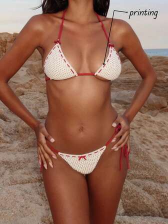 Neuer 2er-Pack Damen Sexy & Süß Erdbeer Polka Punkt Muster Träger Bindetriangel Bikini Set, Europäischer & Amerikanischer Stil, für Sommer Strandurlaub