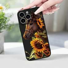 Horse And Sunflower Design Phone Case, Decorative Phone Cover, Phone 11 12 13 14 15 Pro Max Series Phone Accessories - Black - View 5