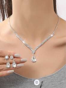 Juego de joyas con colgante de gota de agua con diamantes de imitación, adecuado para novia de boda, fiesta formal y ropa de noche - Plateado - Ver 11