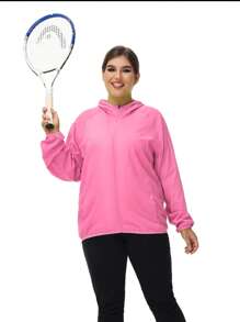 1pc Outdoor Women's Lightweight Solid Color Long Sleeve Casual Jacket, Zipper Hooded Plus Size Jacket, Water-Repellent Fabric Outerwear, Sunblock