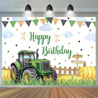 Farm Tractor Birthday Party Background - Green Lawn Polyester, With Tractor, Hay Bales And Windmill, Perfectly Suitable For Lawn Mower Theme Celebrations, No Power Needed, Farm Party Decoration