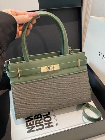 Bolso de mano de estilo Kelly de moda con patchwork, correa con cierre de giro, bolso cuadrado pequeño, bolso de hombro versátil, diseño de bloqueo de color vibrante, adecuado para ir y venir, citas, compras, ocio, vacaciones, festivales de música, fiestas