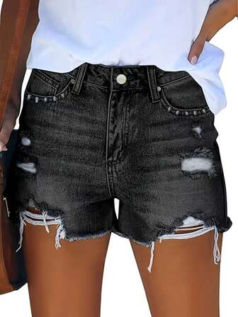 Women's Elastic Distressed Design Denim Shorts