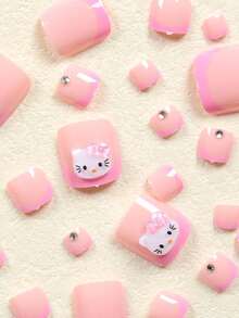 Sanrio 24 片短方形脚趾甲贴纸，粉色法式美甲风格 Hello Kitty 和水晶设计，含 1 片果冻胶和 1 个指甲锉，适合女性日常穿着、派对、婚礼按压指甲美甲用品 - 彩色 - 查看 3