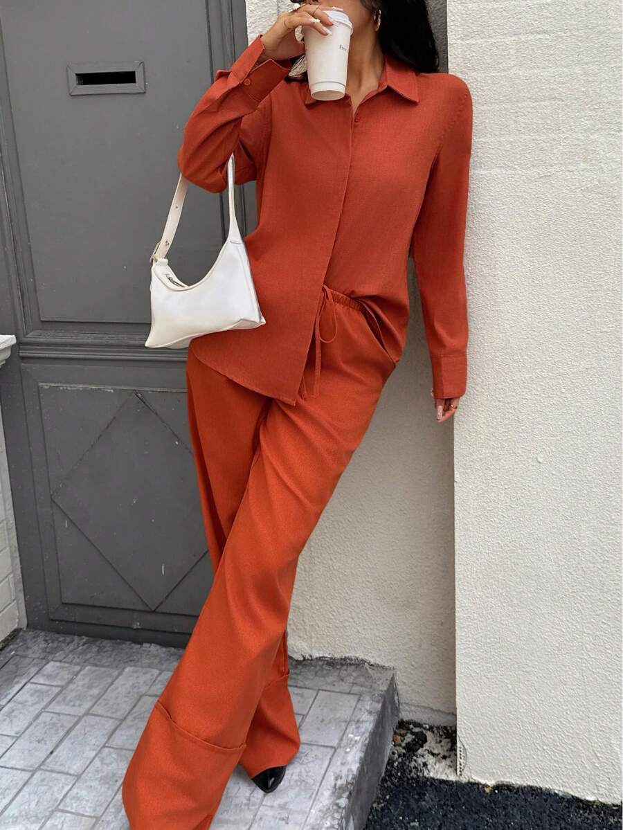 Seelio Spring/Summer New Arrival Lightweight Linen Shirt And Wide Leg Pants Set For Women - Orange - View 1