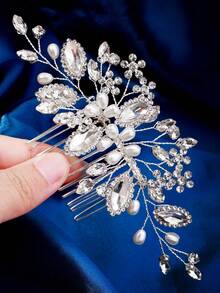 1 件女士奢华珍珠水晶钻石装饰发梳，新娘发髻发饰 - 銀色 - 查看 3