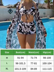 3 Piezas Traje de Baño Bikini para Mujer,Bañador,con Brasier Push Up, Short de Baño de Tiro Bajo y Blusa de Manga Larga para Sol, Estampado de Árboles Tropicales en Verde, Conjunto Sexy y Moderno de Playa para Vacaciones de Verano ,Ideal para Vacaciones en la Playa o Fiestas en Barco, Incluye Protección Solar - Negro - Ver 7