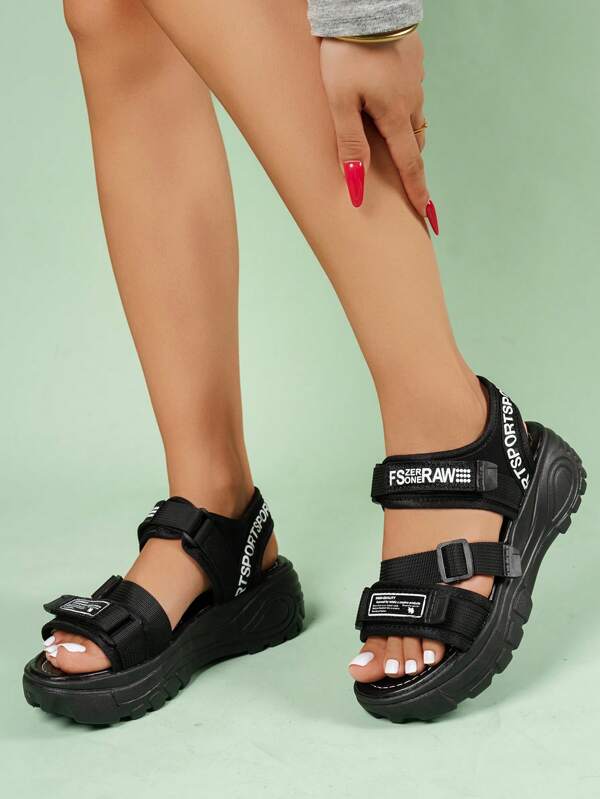Casual Fashionable Versatile Simple Hook And Loop Webbing Women Sandals, White/Black Thick Bottom Hook&Loop Sandals, Suitable For Casual, Beach, School
