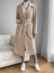 秋季女士翻领双口袋腰带长款女式外套 - 杏色 - 查看 7